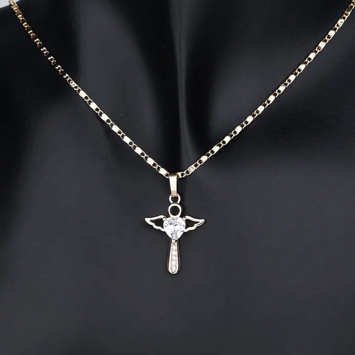 Ketting en oorbellen met kruis, goud plated, transparant