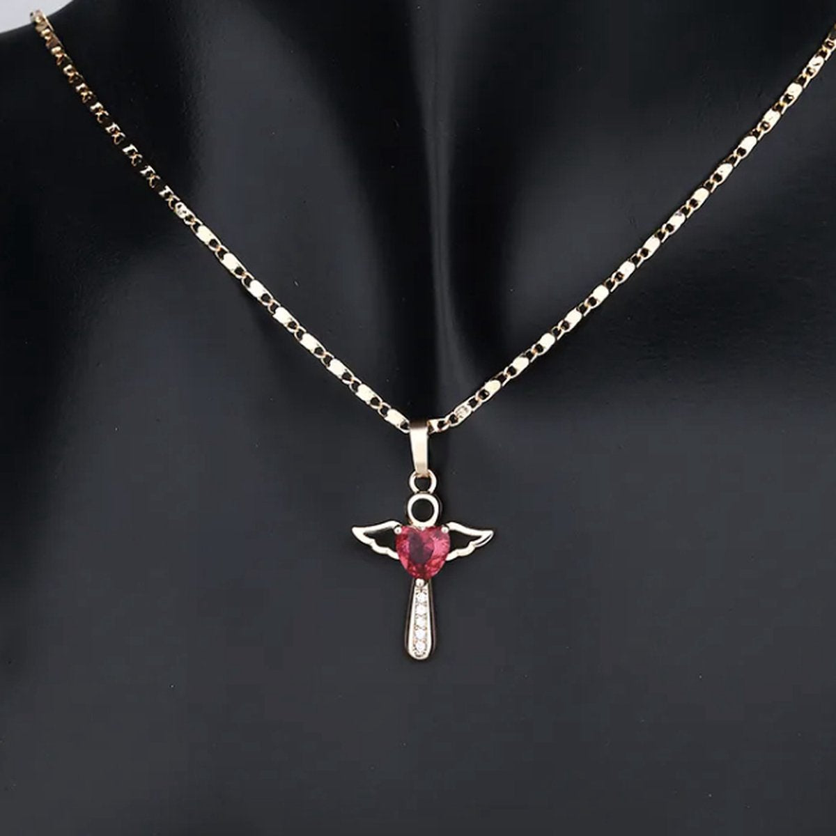 Ketting en oorbellen met kruis, goud plated, rood