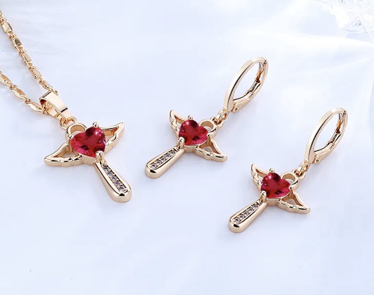Ketting en oorbellen met kruis, goud plated, rood