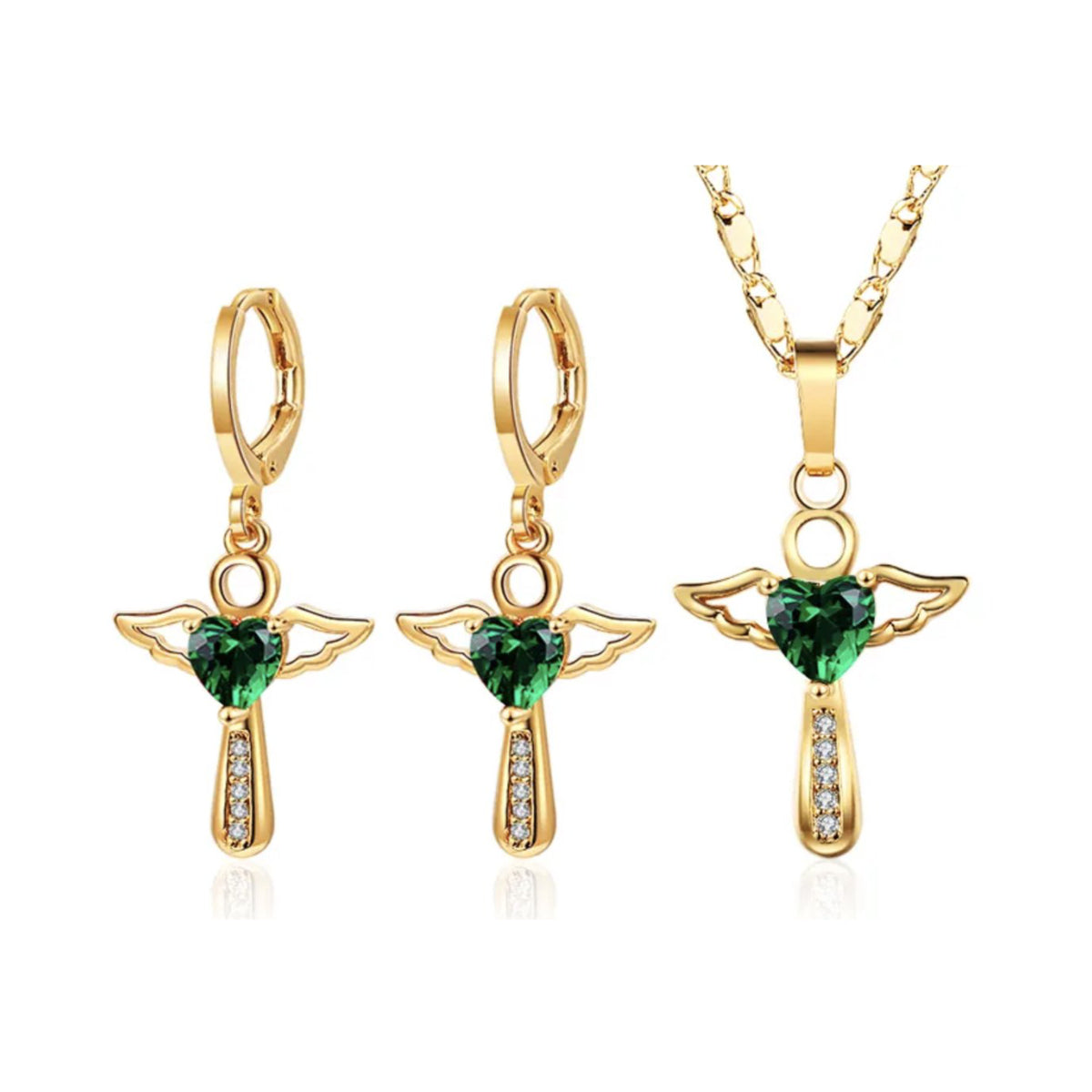 Ketting en oorbellen met kruis, goud plated, groen