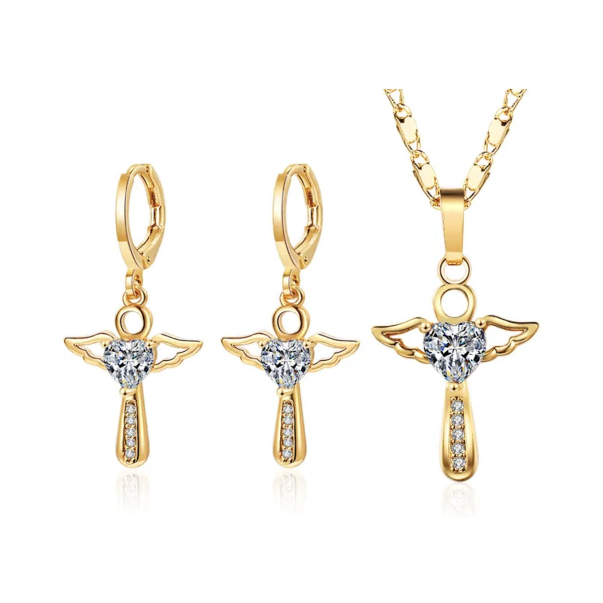Ketting en oorbellen met kruis, goud plated, transparant