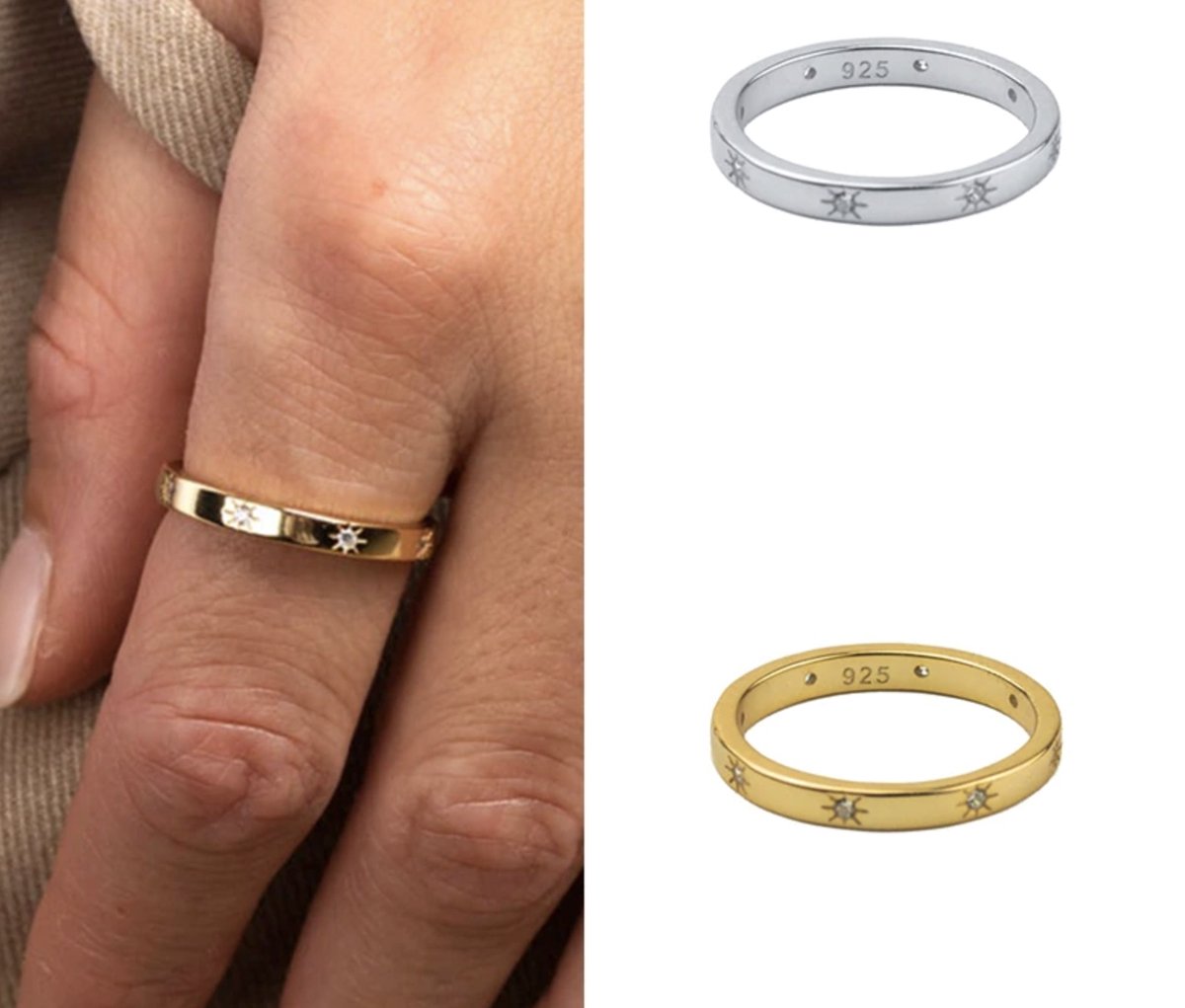 ring met sterretjes ingelegd met steentjes, goud, 16mm