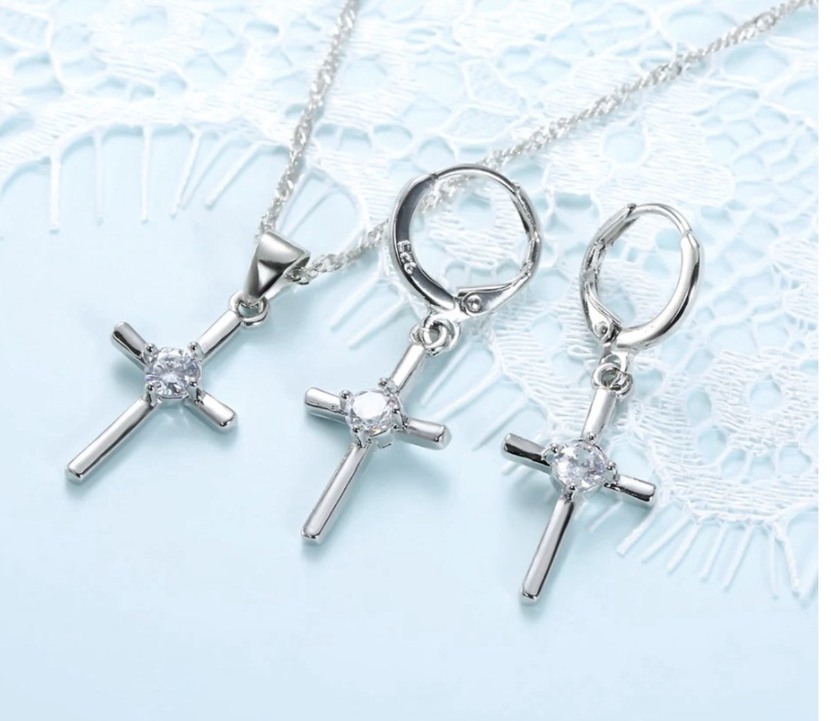sieraden set ketting met oorbellen 925 zilver met kruis
