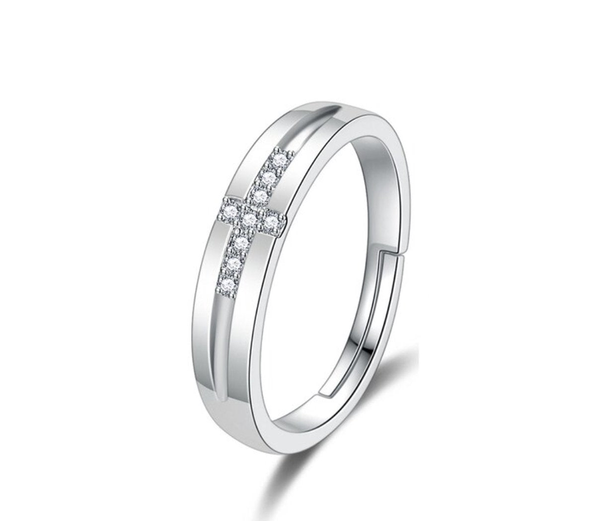 ring met kruis ingelegd met steentjes, zilver