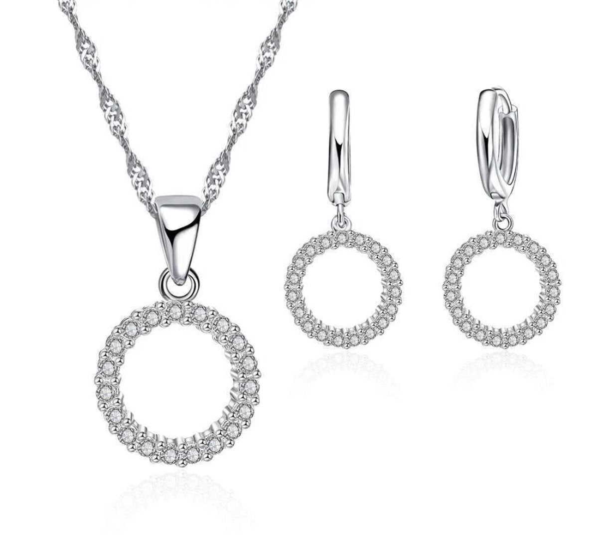 sieraden set ketting met oorbellen 925 zilver rondje ingelegd met steentjes
