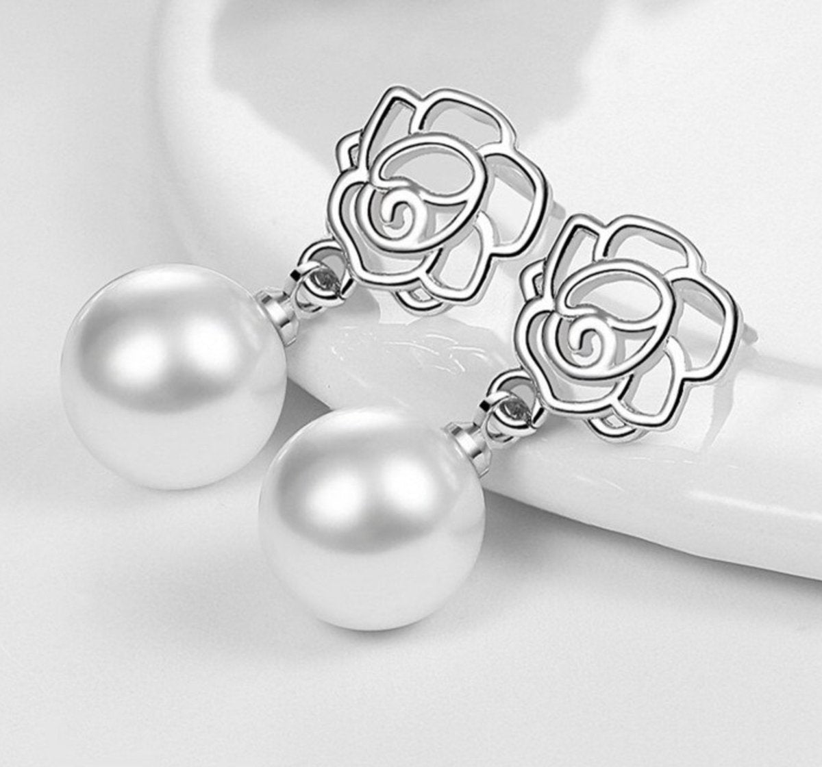 parel oorbellen met roos, zilver