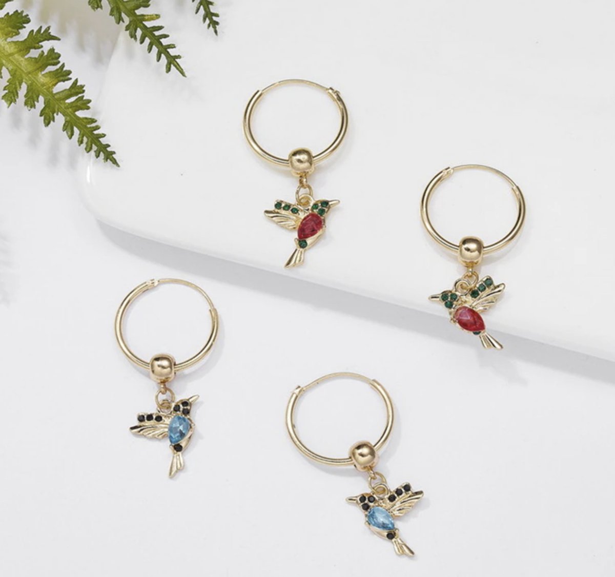 vogel oorringen, rood / goud