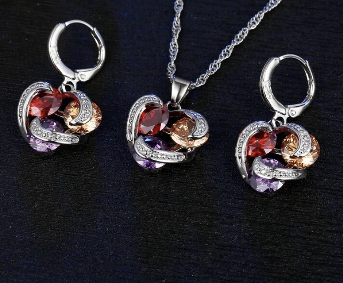 sieraden set ketting met oorbellen 925 zilver harte met gekleurde steentjes