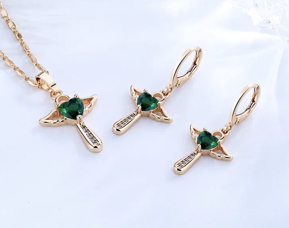 Ketting en oorbellen met kruis, goud plated, groen