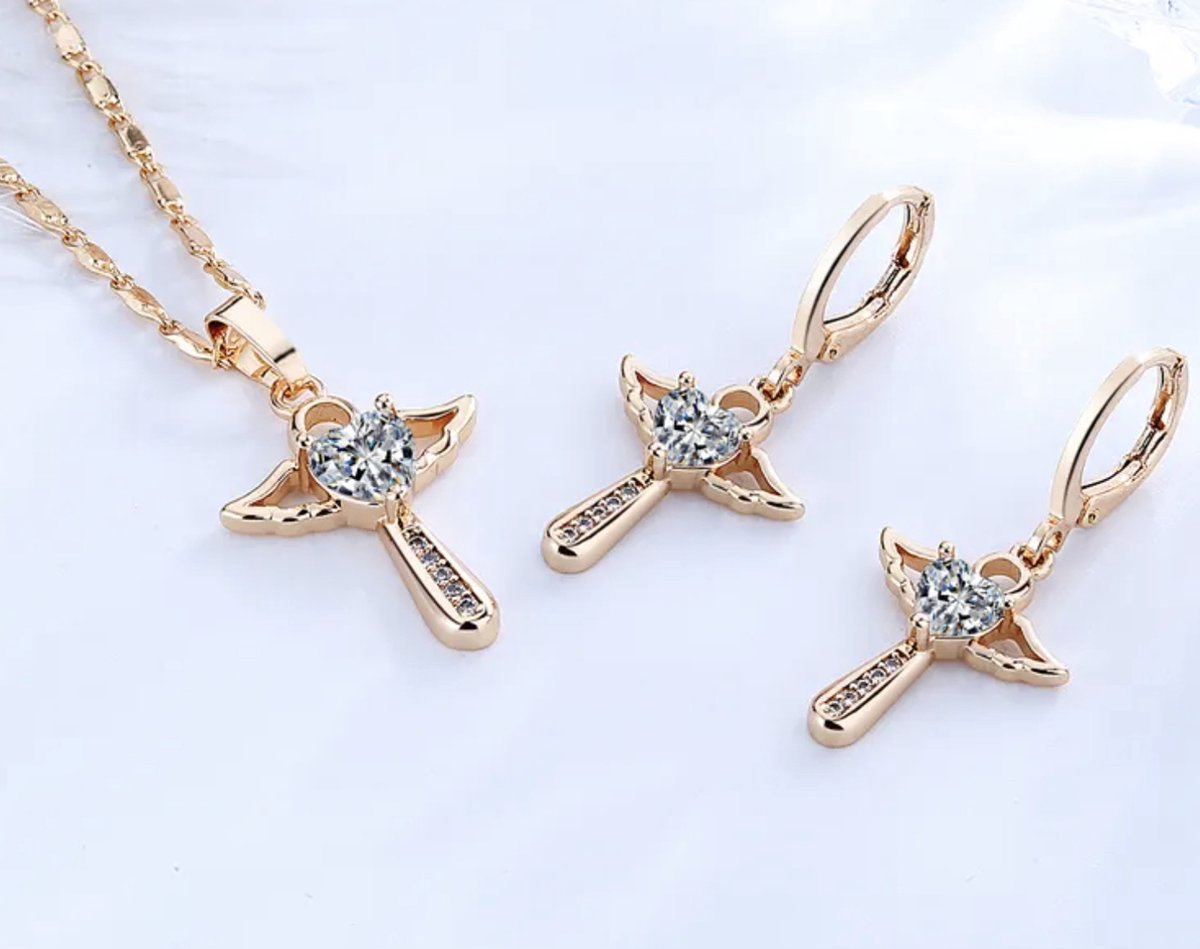 Ketting en oorbellen met kruis, goud plated, transparant