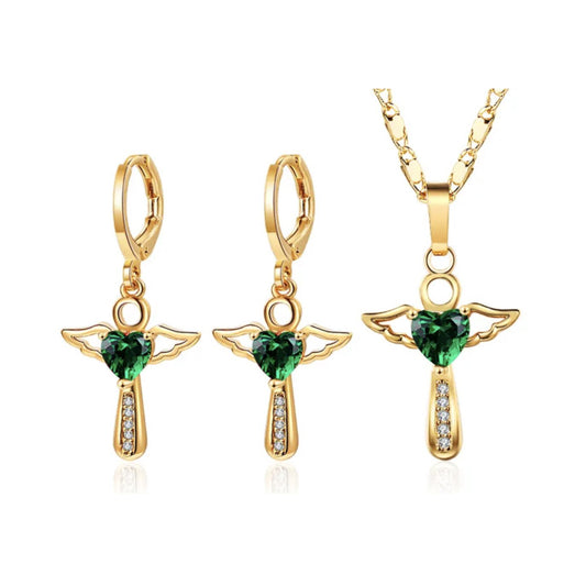 Ketting en oorbellen met kruis, goud plated, groen