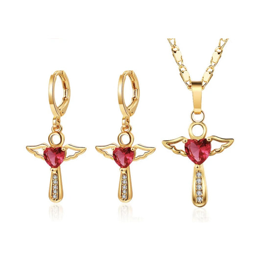 Ketting en oorbellen met kruis, goud plated, rood