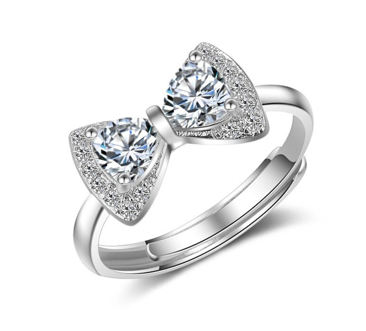 ring met strikje ingelegd met steentjes, zilver