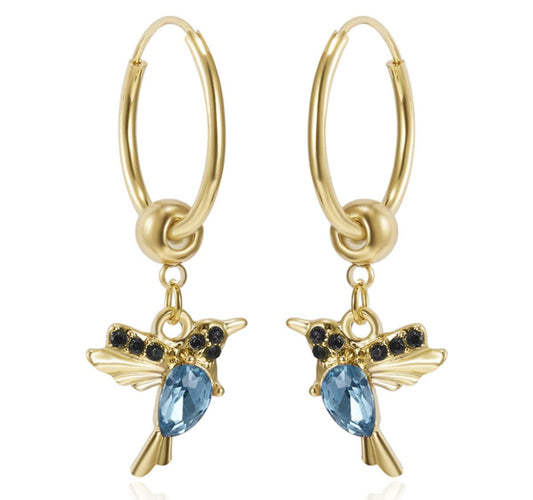vogel oorringen, blauw / goud