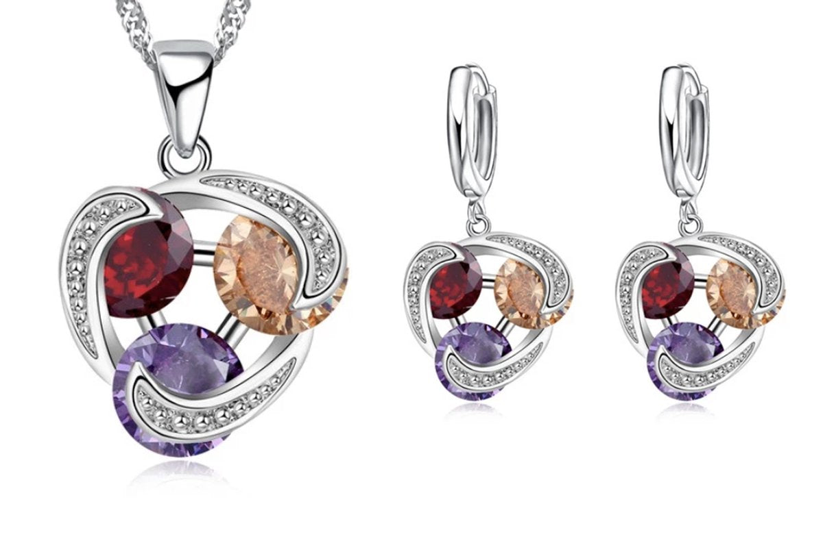 sieraden set ketting met oorbellen 925 zilver harte met gekleurde steentjes