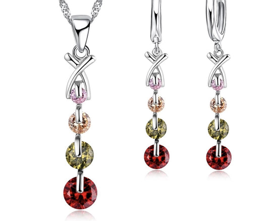 sieraden set ketting met oorbellen 925 zilver met gekleurde steentjes